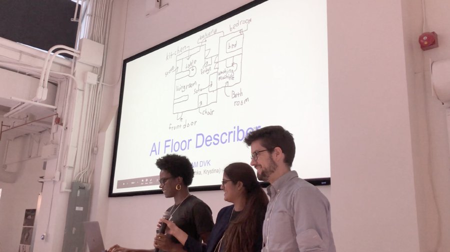 Three participants presenting their idea to the larger group